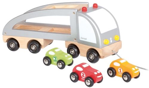 Camion multi bolides en bois a tirer - janod - jouet a tirer en bois