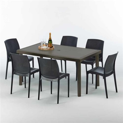 Table rectangulaire 6 chaises Poly rotin resine 150x90 marron Focus, Chaises Modèle: Boheme Anthracite noir
