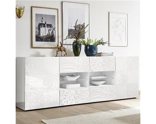 Buffet blanc laqué 240 cm design ELMA avec éclairage LED - L 241 x P 42 x H 84 cm