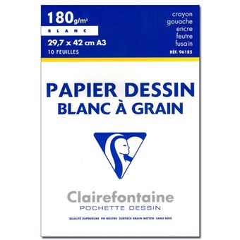 Pochette dessin à grain Clairefontaine 29,7x42 10 Feuilles 180g Blanc