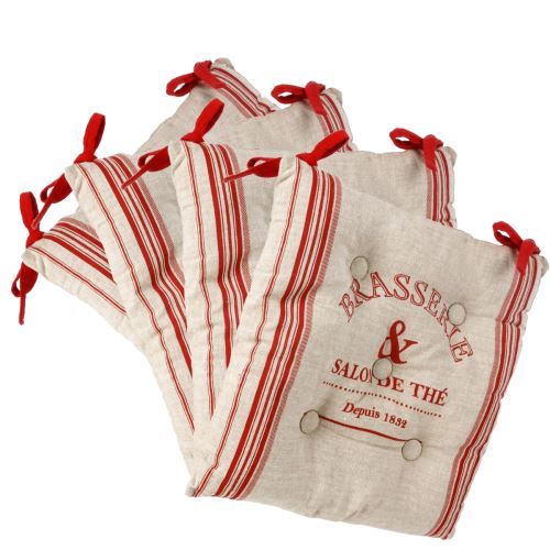 Lot de 4 galettes de chaises matelassées avec attaches - lin et rouge