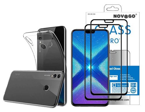 Huawei Honor 8X Pack (3 en 1) Coque Souple Transparente Anti Choc +2 Films écran en Verre trempé Couvrant Tout l'écran