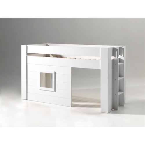 Vipack NOAH Lit mezzanine 90x200cm pin massif laqu&eacute; Blanc + Set de rideaux
