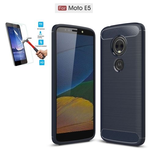 Motorola Moto E5 Carbone Bleu Avec Film Verre Trempé Coque Housse Etui En Silicone Gel Souple hfs-house®