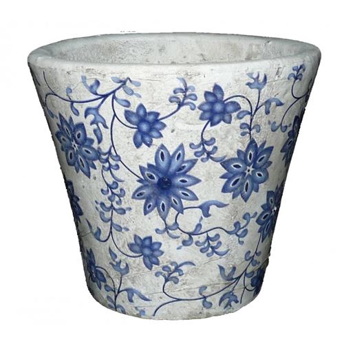 L'Héritier Du Temps - Moyen cache pot etanche style champêtre aux motifs floraux bleutés en terre cuite blanche 14x16x16cm