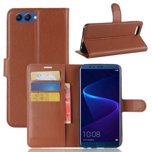 Etui en PU la de litchis support magnétique marron pour Huawei Honor V10
