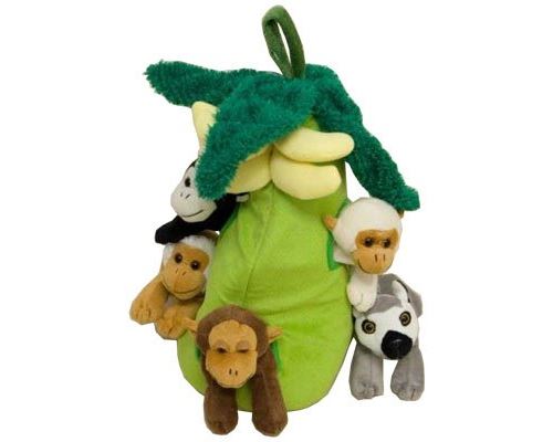 Plush Monkey House with Animals - Five (5) Stuffed Monkeys in Play Banana Tree Carrying Case