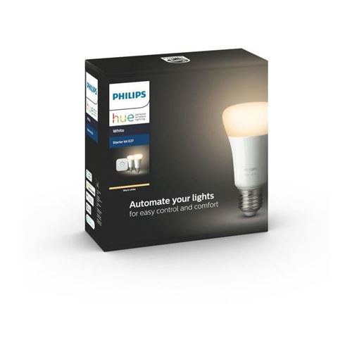 Kit de démarrage Philips 2 ampoules connectée Hue White E27 Bluetooth + Pont de connexion 9,5 W Blanc