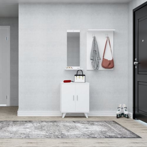 HOMEMANIA Meuble d’Entrée Turmalin - Meuble Porte-Manteau, Étagère à Chaussures - avec Miroir, Portes, Étagères, Crochets - Blanc en Bois, 60 x 17 x 90 cm