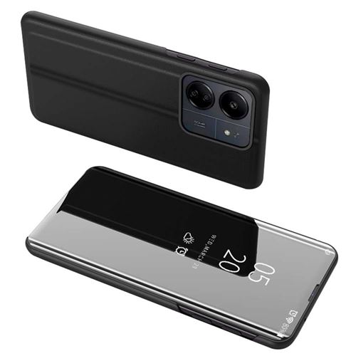 Housse pour Xiaomi Redmi 13C / Poco C65 / Poco M6 5G - etui coque portefeuille clear view miroir + verre trempe - NOIR - htdmobiles