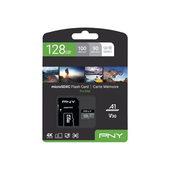 PNY PRO Elite - Carte mémoire flash (adaptateur microSDXC vers SD inclus(e)) - 128 Go - A1 / Video Class V30 / UHS-I U3 / Class10 - microSDXC UHS-I