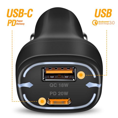 Chargeur rapide de voiture, 2x USB-C Power Delivery/Qualcomm ®, 45 W, noir