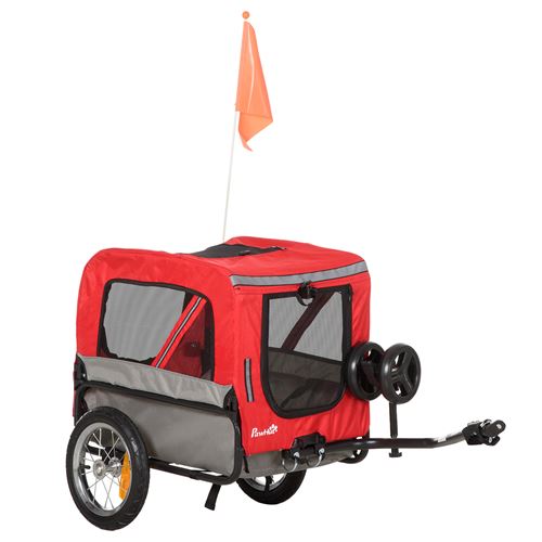 Remorque vélo jogger 2 en 1 pour animaux drapeau roue avant pivotante réflecteurs et barre d'attelage inclus rouge gris