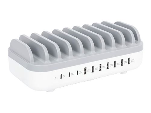 Manhattan Charging Station, 10X Ports: 3X Usb-C (Up To 18W Pd) And 7X Usb-A (Up To 12W), 120W Total Output, White/Grey, Three Year Warranty, Box - Station De Charge - Distribution D'Énergie - 120 Watt - Connecteurs De Sortie : 10 - Blanc Grisé