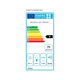 Hotte murale FALMEC PLANEND1430, 90cm, Technologie No Drop, Commandes Electroniques retro-eclairees, Finition inox, moteur 4 vitesses, Debit d''air boost = 680m3/h, Puissance acoustique max = 62dB. Eclairage LED. Classe energetique : B