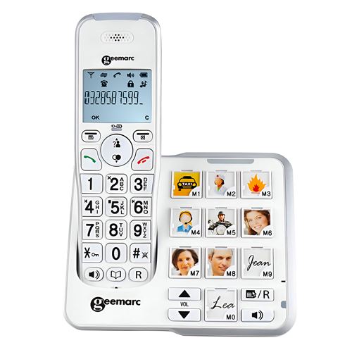 Téléphone Senior Sans Fil Amplifié Touches Mémoire Photo Répondeur Geemarc Blanc