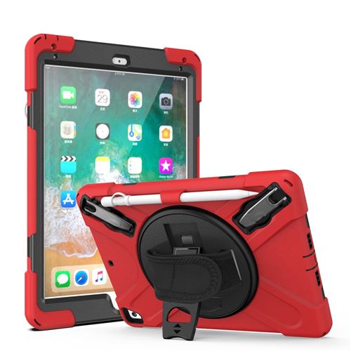 Coque en TPU + Silicone combo avec béquille pivotante à 360° et sangle rouge pour Apple iPad 9.7 pouces (2018)