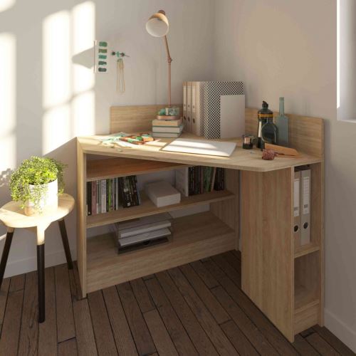 Bureau d'angle en bois imitation naturel avec niche de rangement - BU6010