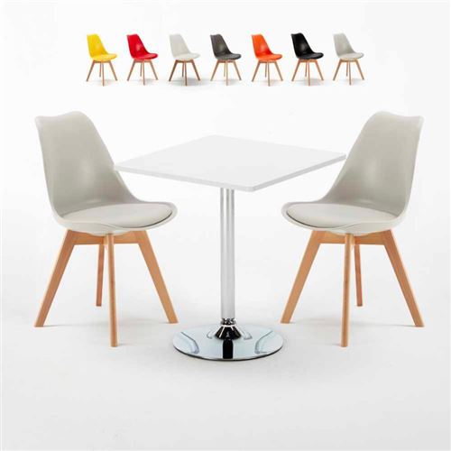 Table Carrée Blanche 70x70cm Avec 2 Chaises Colorées Set Intérieur Bar Café Nordica Cocktail, Couleur: Gris clair