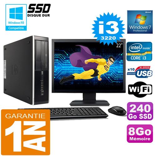 Pc hp compaq 8300 sff core i3-3220 ram 8go disque 240 go ssd wifi w7 ecran 22'