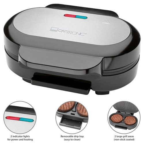 Gril à hamburger 2 grandes zones de gril 10,5 cm, Clatronic, HBM 3696, 1100, Noir/Argent