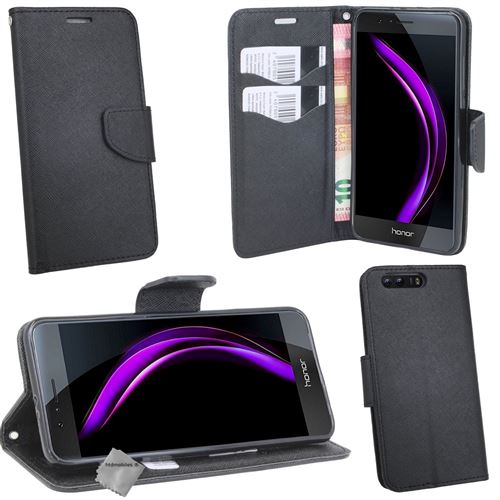 Housse etui coque pochette portefeuille pour Huawei Honor 9 avec verre trempe - NOIR / NOIR