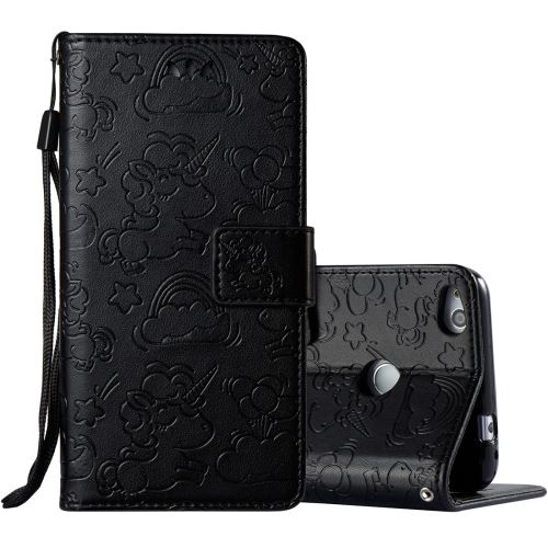 Huawei Honor P8 Lite (2017) Housse Etui Cuir PU Gravé Licorne Mignonne Noir ALS53254
