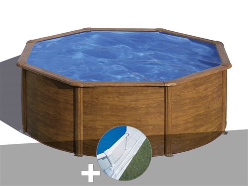 Kit piscine acier aspect bois Gré Pacific ronde 3,70 x 1,22 m + Tapis de sol