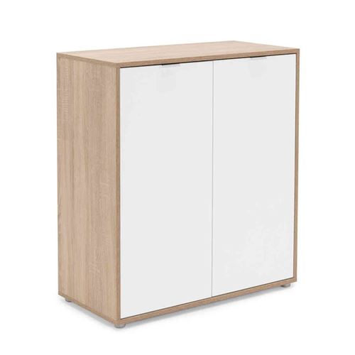 Commode 2 portes en bois imitation chêne clair et blanc - CO7102