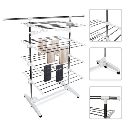 Etendage /à Linge avec Ailes et Barre sup/érieure Charge maximale: 3 kg par Barre de Support Todeco Mat/ériau: Tubes en Acier Inoxydable 4 /étag/ères Noir//Blanc Etendoir /à Linge