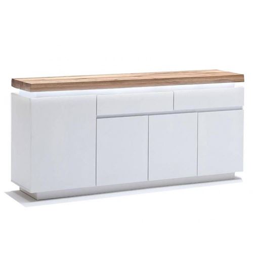 Buffet ROMINA 4 portes 2 tiroirs laqué blanc mat plateau chêne noueux huilé