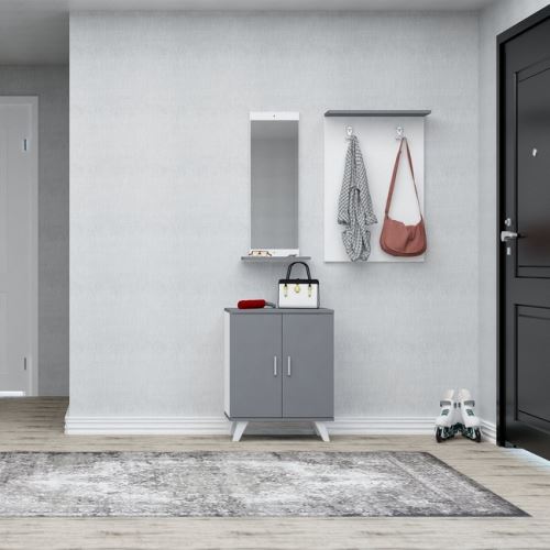 HOMEMANIA Meuble d’Entrée Turmalin - Meuble Porte-Manteau, Étagère à Chaussures - avec Miroir, Portes, Étagères, Crochets - Anthracite, Blanc en Bois, 60 x 17 x 90 cm