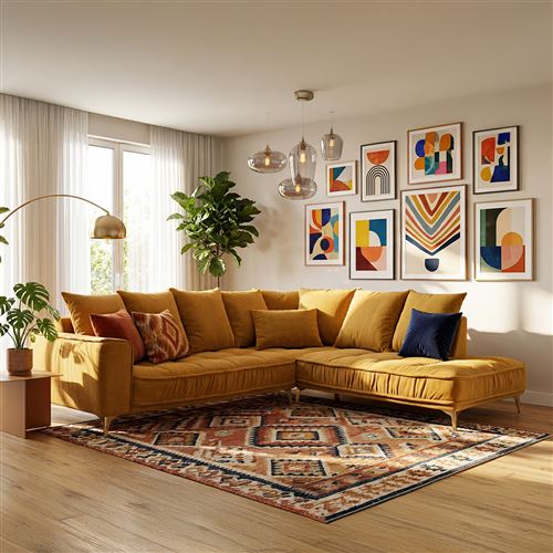 Canap&eacute; Tissu Angle Droit Jaune Altamo - 4 Places - Jaune