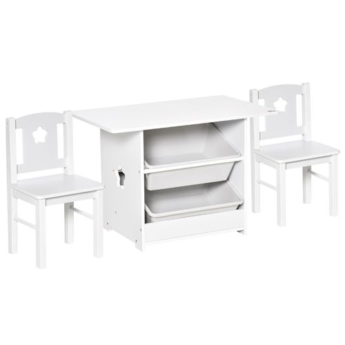 HOMCOM Ensemble table et chaises enfant - set de 3 pièces + 2 bacs amovibles - table étagère pour jouets 2 en 1 - MDF PP blanc gris