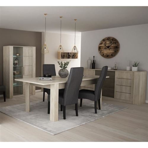 Ensemble Séjour Table à manger 170 cm + Enfilade 2 portes + Vitrine 1 porte vitrée - Décor Chêne/Béton clair - ANTIBES