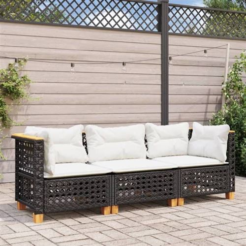 vidaXL Canapé de jardin avec coussins 3 places noir résine tressée