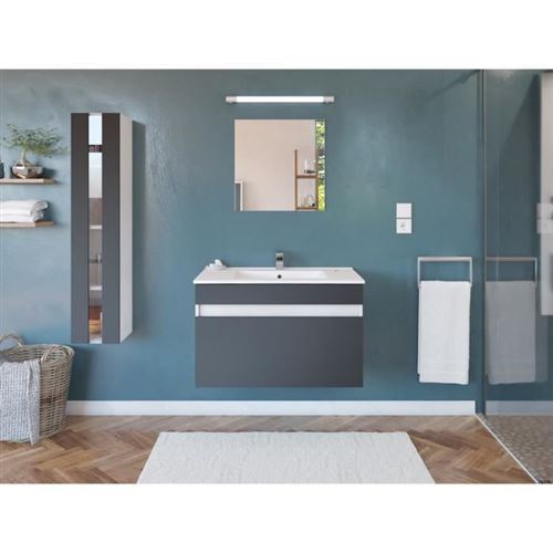 Salle de Bain complete L 80cm - Meuble + Vasque + Colonne vitree - Gris mat - ALBAN