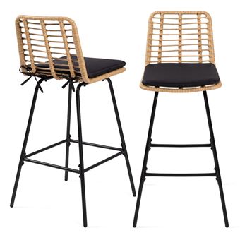 Lot de 2 tabourets de bar SUMMER effet rotin pied métal noir - 1