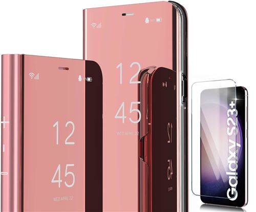 Coque Folio Rabat Miroir Pour Samsung Galaxy S23 Plus Couleur Rose + Verre Trempe Protection Ecran Little Boutik©
