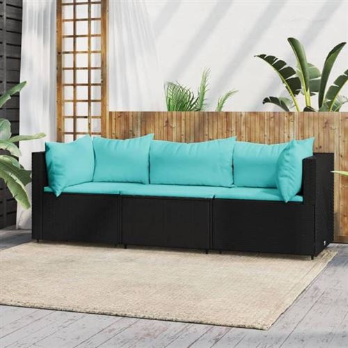 vidaXL Salon de jardin 3 pcs avec coussins Noir Résine tressée
