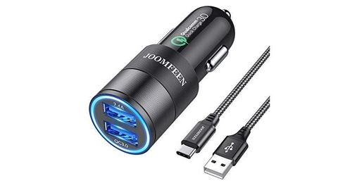 Joomfeen chargeur de voiture usb c,qualcomm quick charge 3. 0+2. 4a 30w 2 ports usb chargeur allume cigare avec 3ft câble type c pour samsung galaxy s