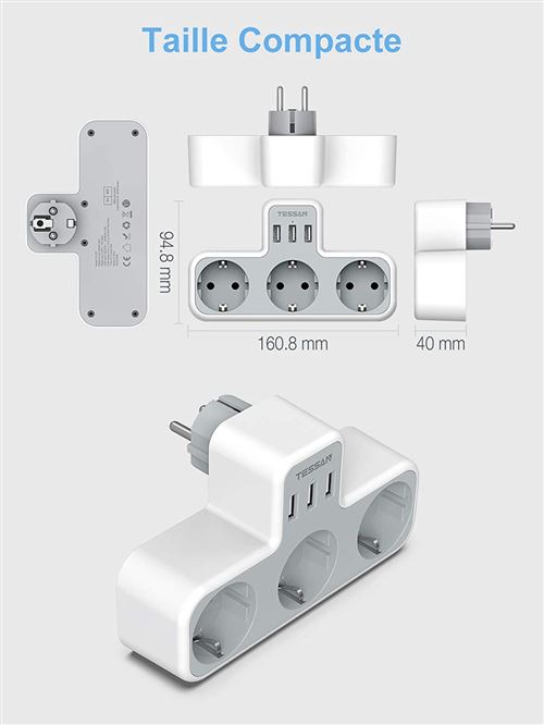 TESSAN Prise Multiple USB, Multiprise Murale 4 Prises et 3 Ports