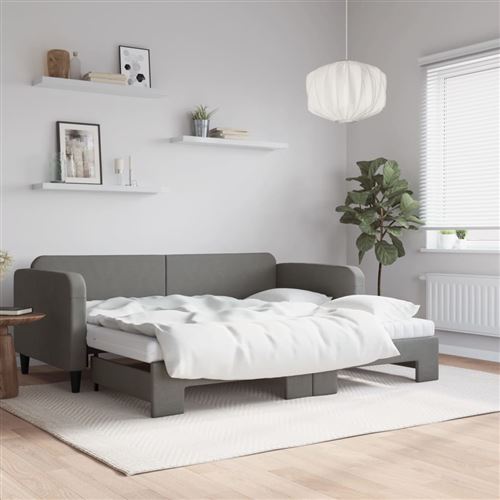 vidaXL Lit de jour avec gigogne et matelas gris foncé 90x200 cm tissu