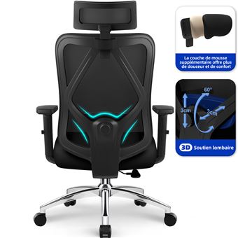 Fauteuil de Bureau, Appui-tête et Support lombaire 3D, Chaise Bureau Inclinable 90-135°, Hauteur Réglable 124-134CM - 1