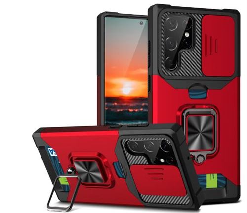 Coque pour Samsung Galaxy S22 Frusde avec Support et Protection d'objectif et porte-carte - Rouge