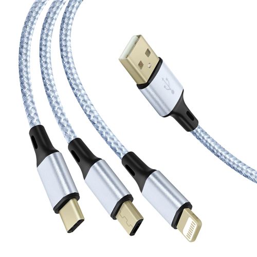 Avizar Câble 3 en 1 vers USB-C MicroUSB et Lightning Charge Rapide 1,2m Nylon Tressé