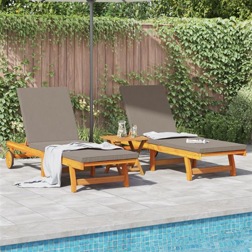 Non Communiqué Chaises Longues 2 Pcs Avec Roulettes Et Coussins En Acacia Massif