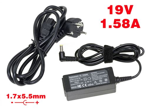 Alimentation pour PC Portable 19V 1.58A embout 1.7x5.5mm - Compatible ACER ASPIRE