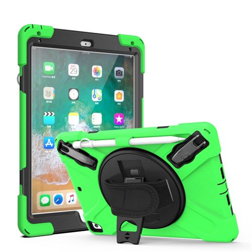 Coque en TPU + Silicone combo avec béquille pivotante à 360° et sangle vert pour Apple iPad 9.7 pouces (2018)