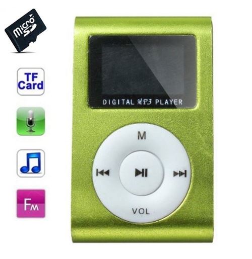 Lecteur MP3 8 Go - à carte mémoire - clip ceinture - Ecran LCD - Radio FM - Vert